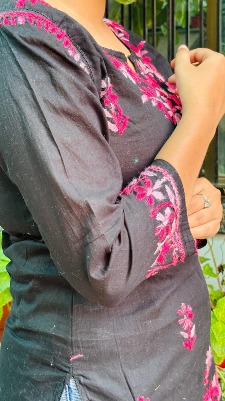 Black and pink embroidery Midnight Bloom Short top