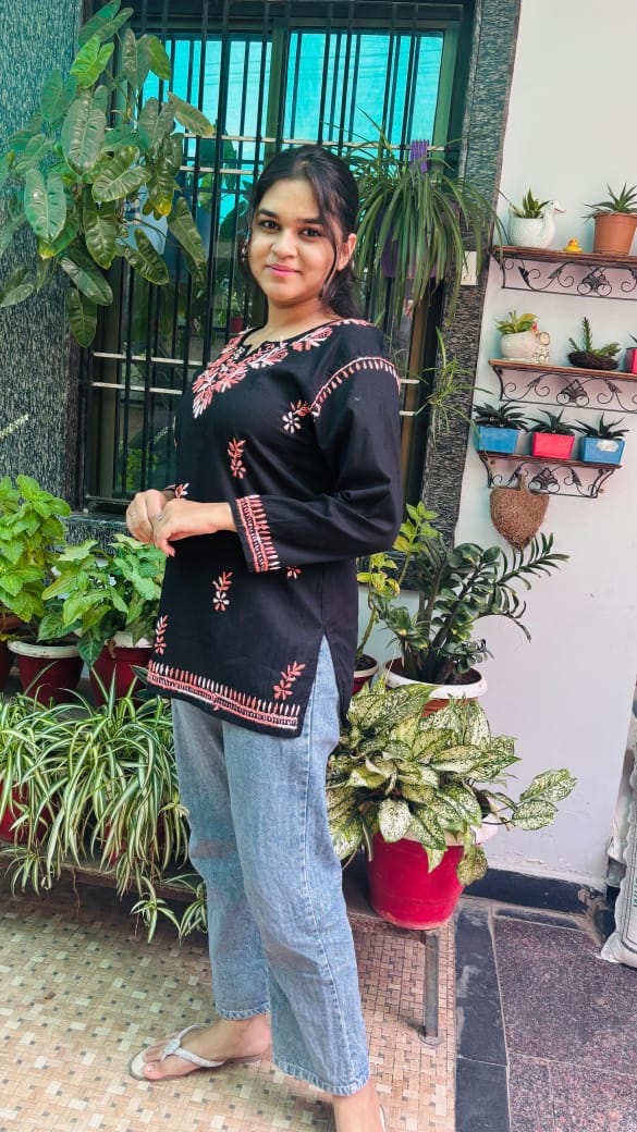 Sunset Bloom  embroidery Black and orange Short top