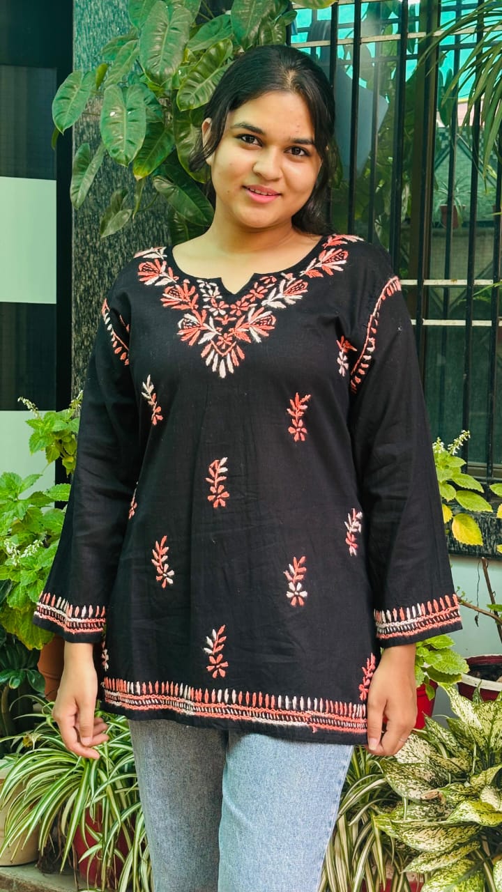 Sunset Bloom  embroidery Black and orange Short top