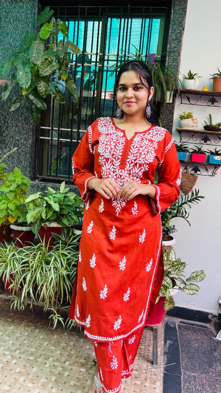 Rust Orange with White Thread chikankari Kurti Pant