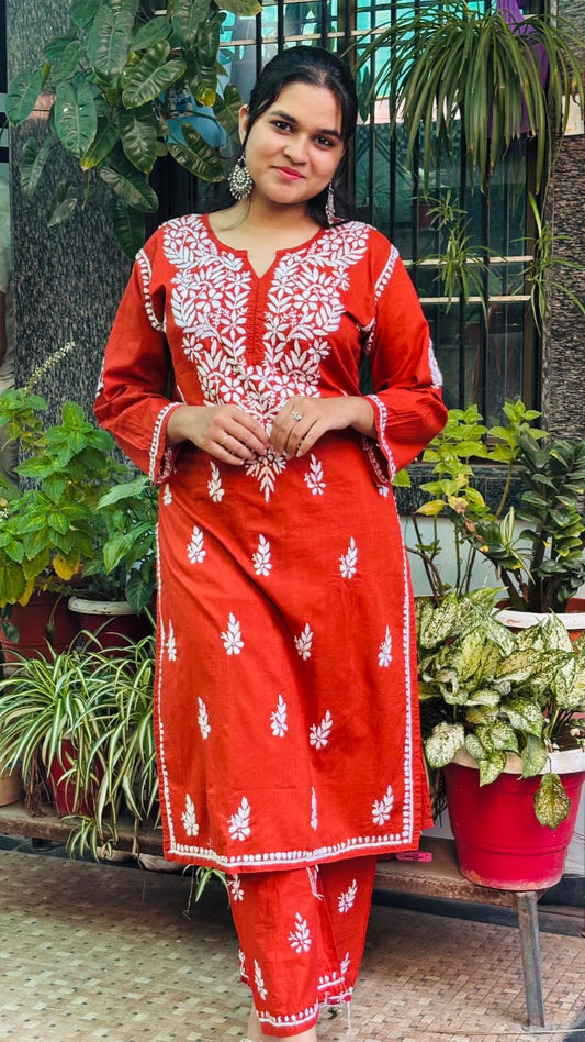 Rust Orange with White Thread chikankari Kurti Pant