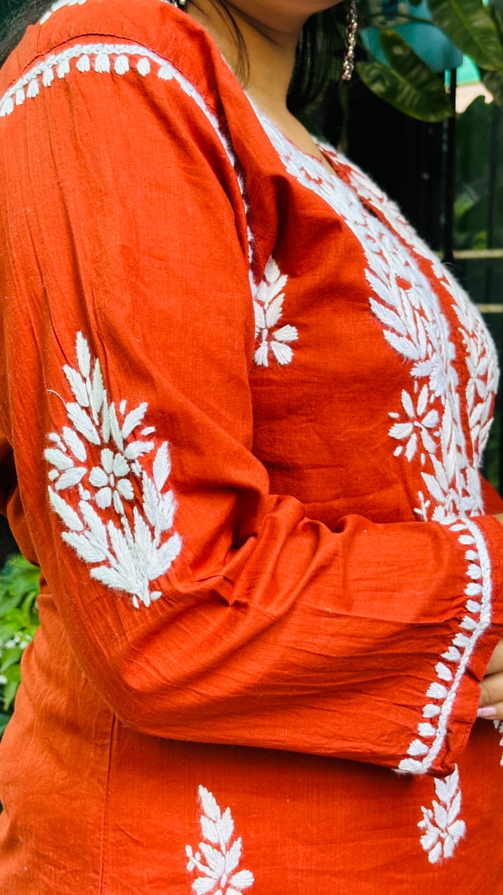Rust Orange with White Thread chikankari Kurti Pant