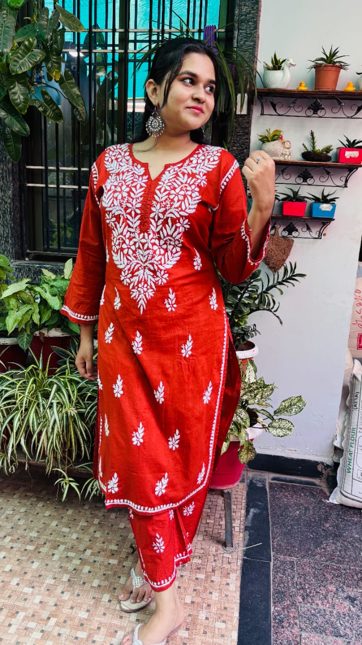 Rust Orange with White Thread chikankari Kurti Pant