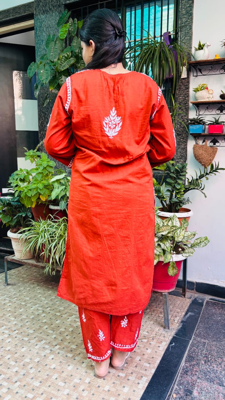 Rust Orange with White Thread chikankari Kurti Pant