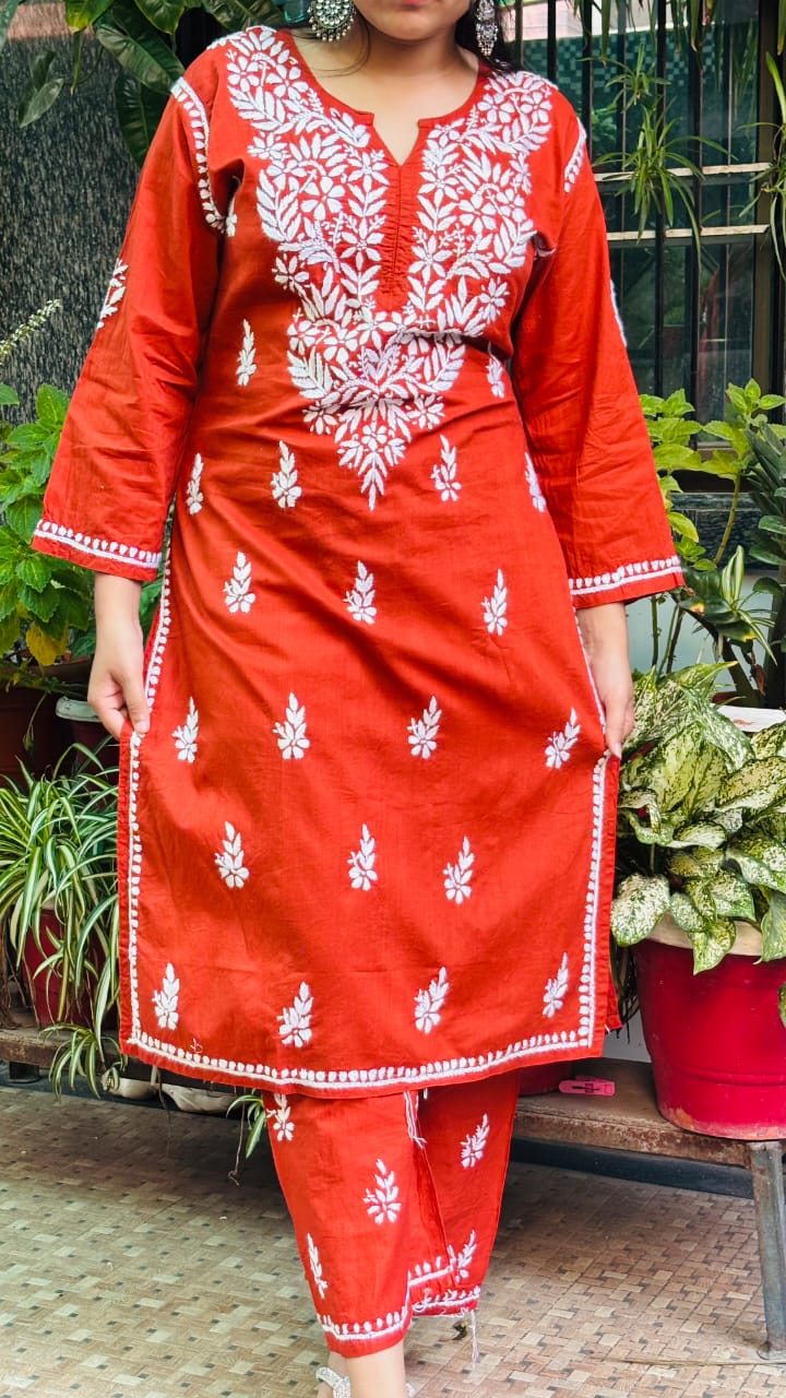 Rust Orange with White Thread chikankari Kurti Pant