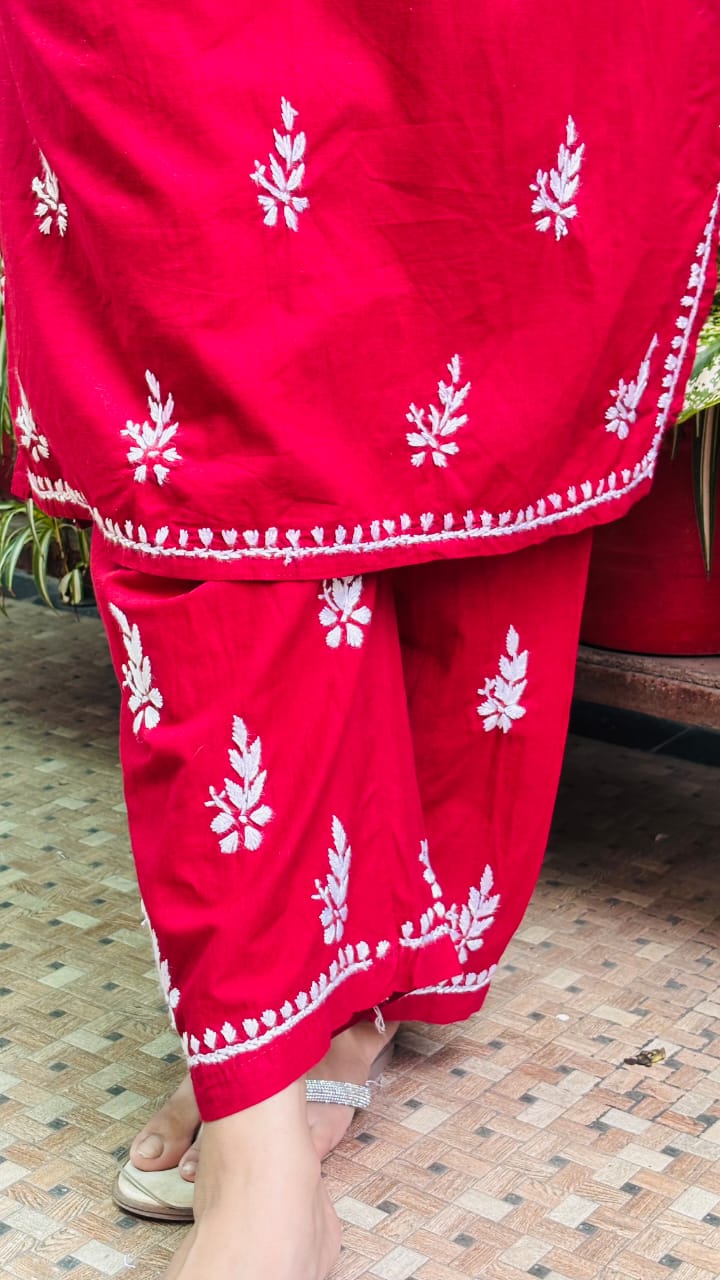 Ruby Deep maroon with White Chikankari Embroidery kurti pant