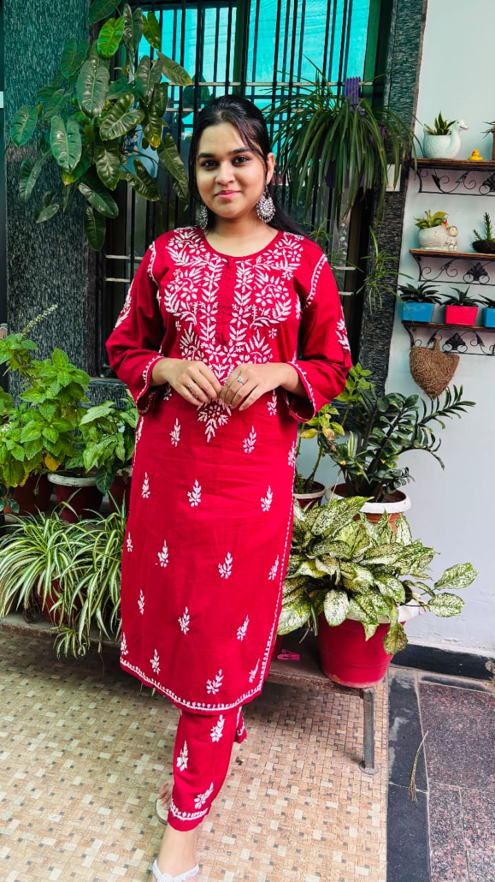 Ruby Deep maroon with White Chikankari Embroidery kurti pant