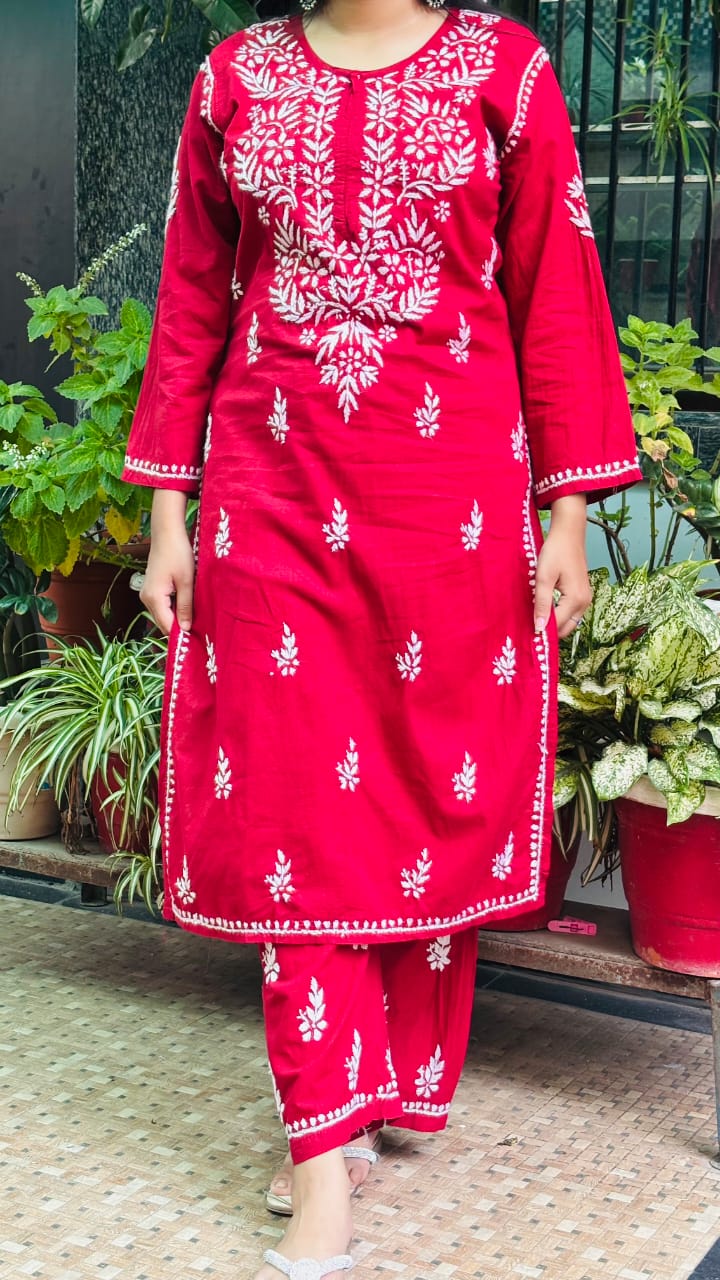 Ruby Deep maroon with White Chikankari Embroidery kurti pant