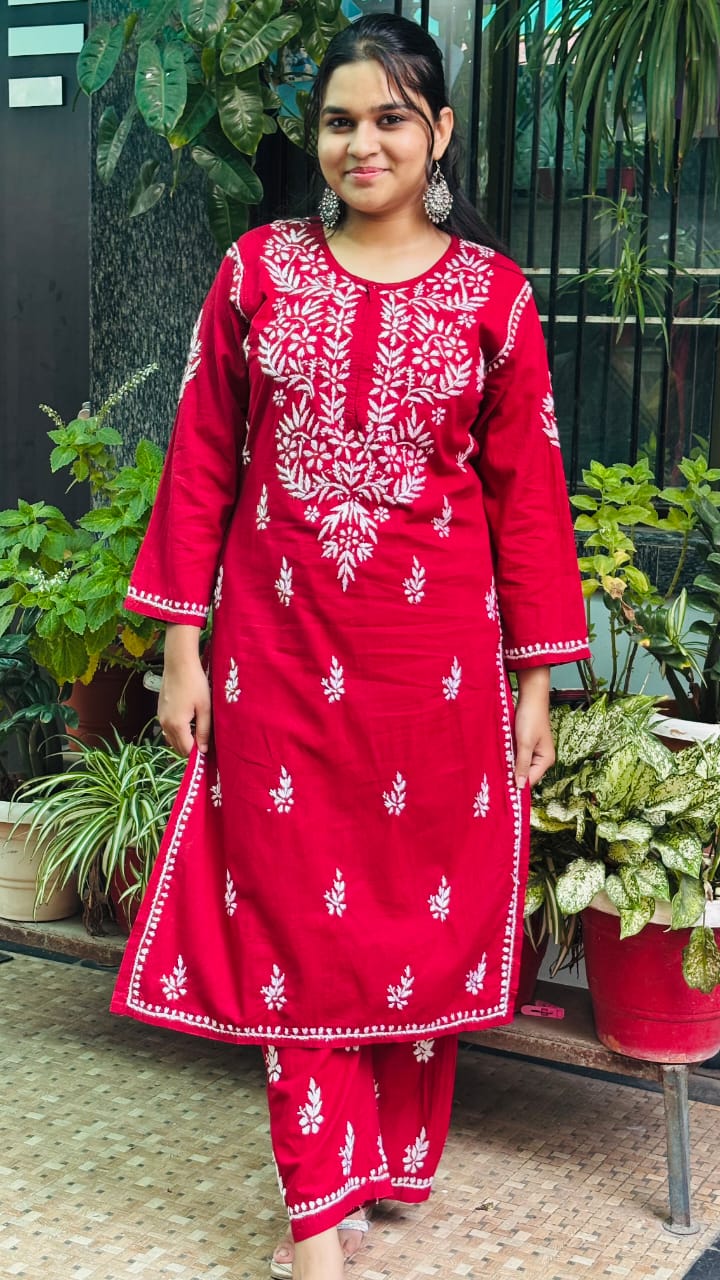 Ruby Deep maroon with White Chikankari Embroidery kurti pant