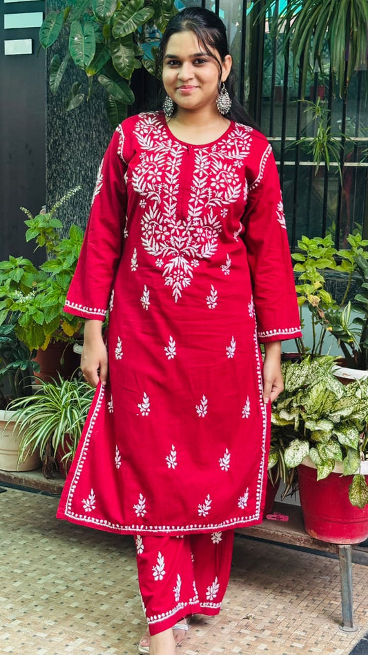 Ruby Deep maroon with White Chikankari Embroidery kurti pant