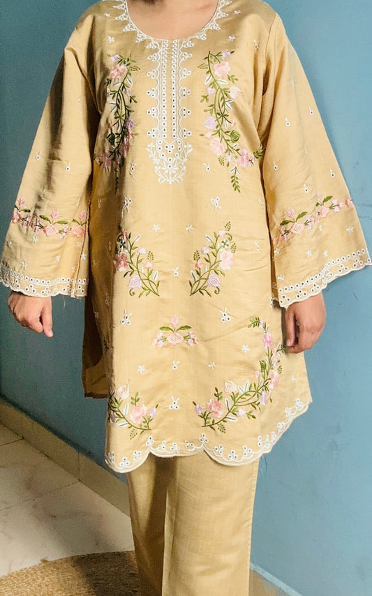 Light Brown with Pink & Green Floral Embroidery Pakistani Cord Set