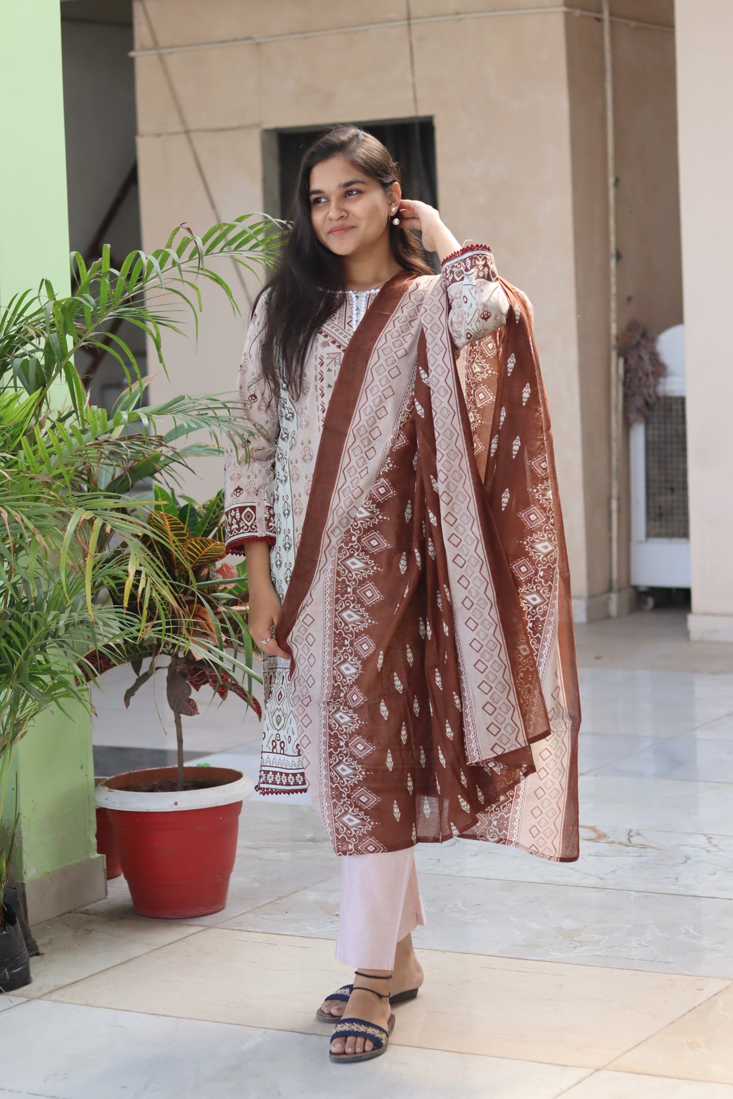 Coffee Digital Printed Cotton Kurti Pant Dupatta Set.