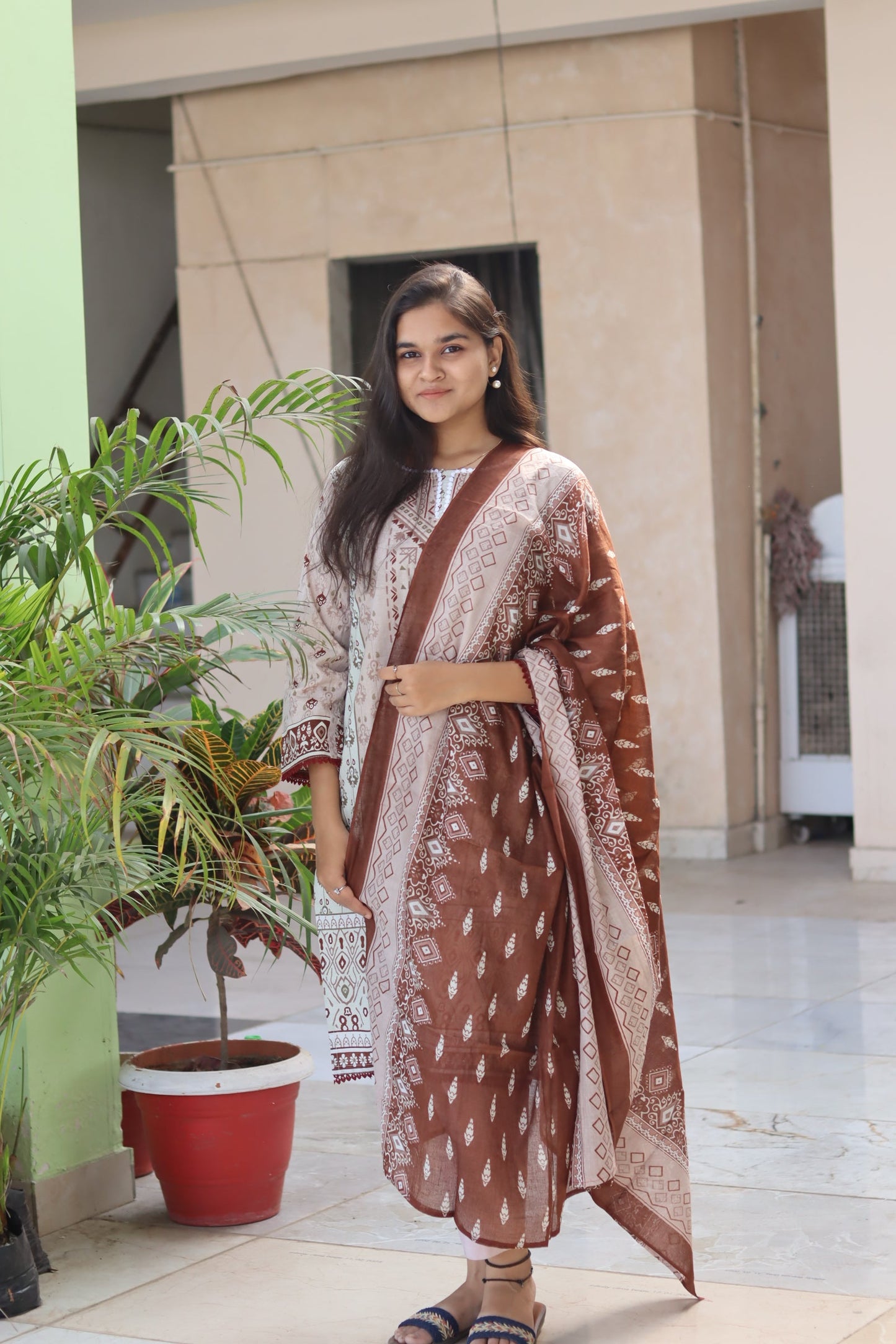 Coffee Digital Printed Cotton Kurti Pant Dupatta Set.