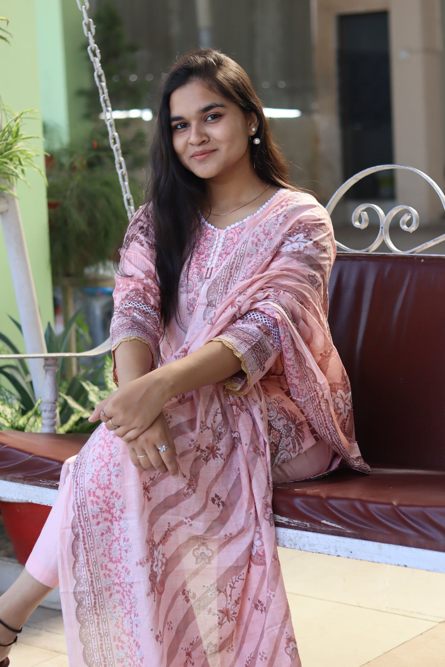 Cream  cotton kurti pant dupatta set