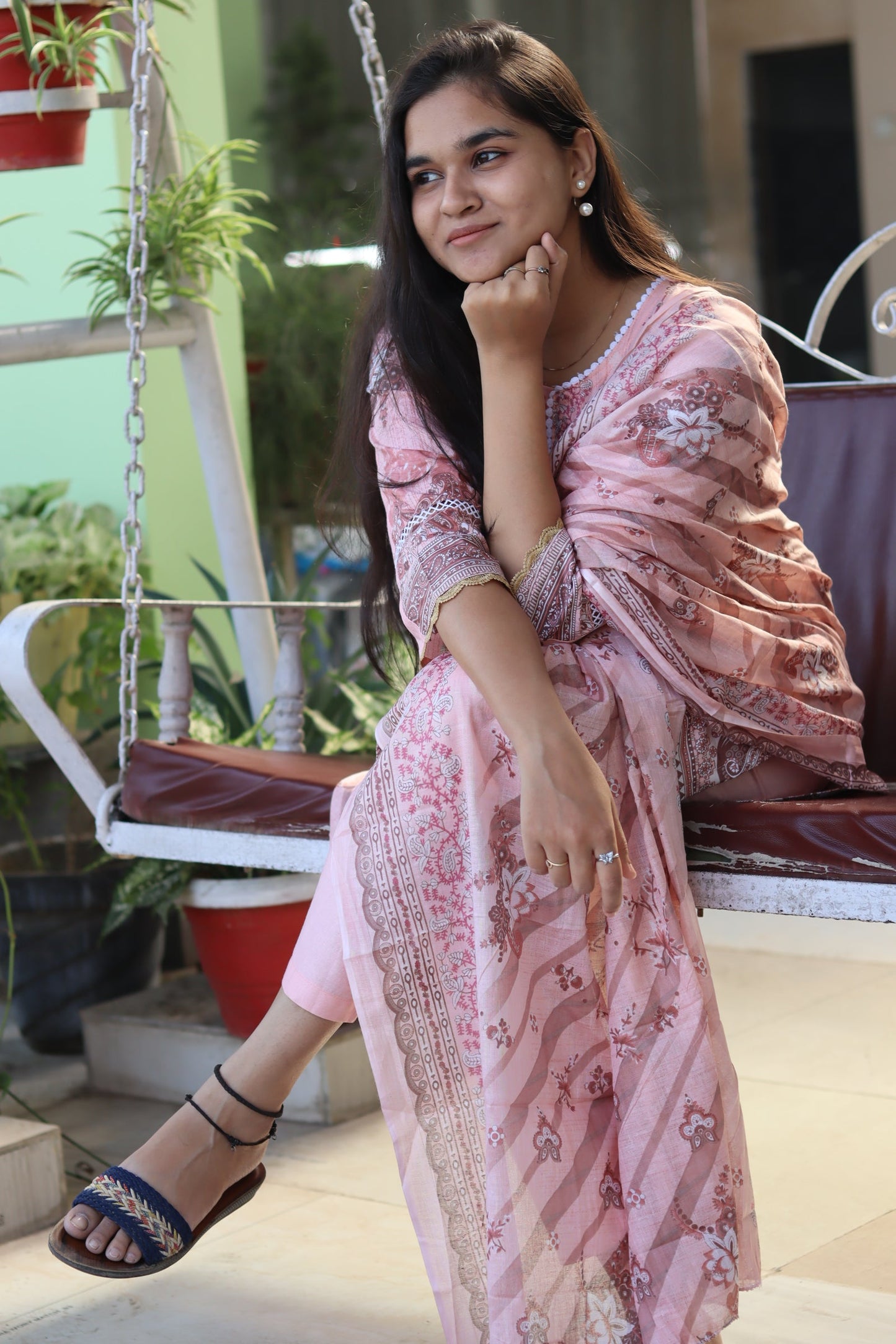 Cream  cotton kurti pant dupatta set