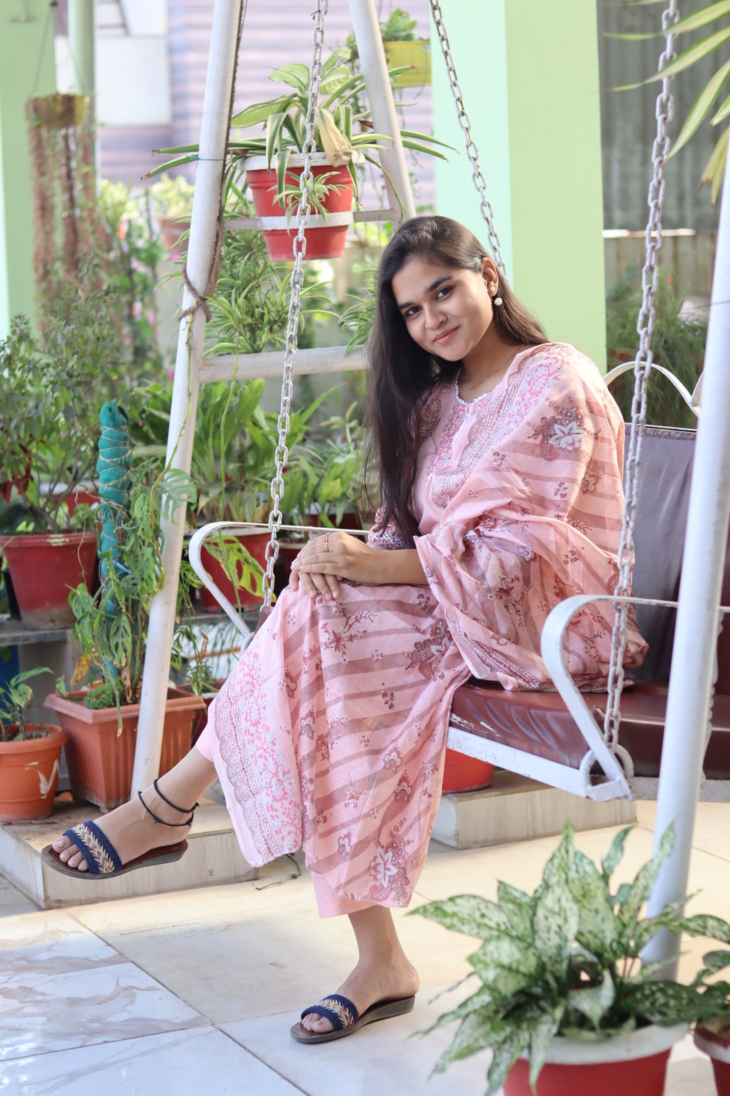 Cream  cotton kurti pant dupatta set