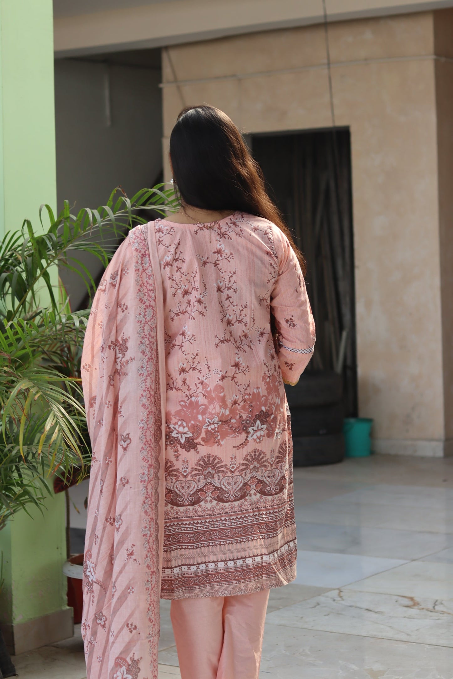 Cream  cotton kurti pant dupatta set