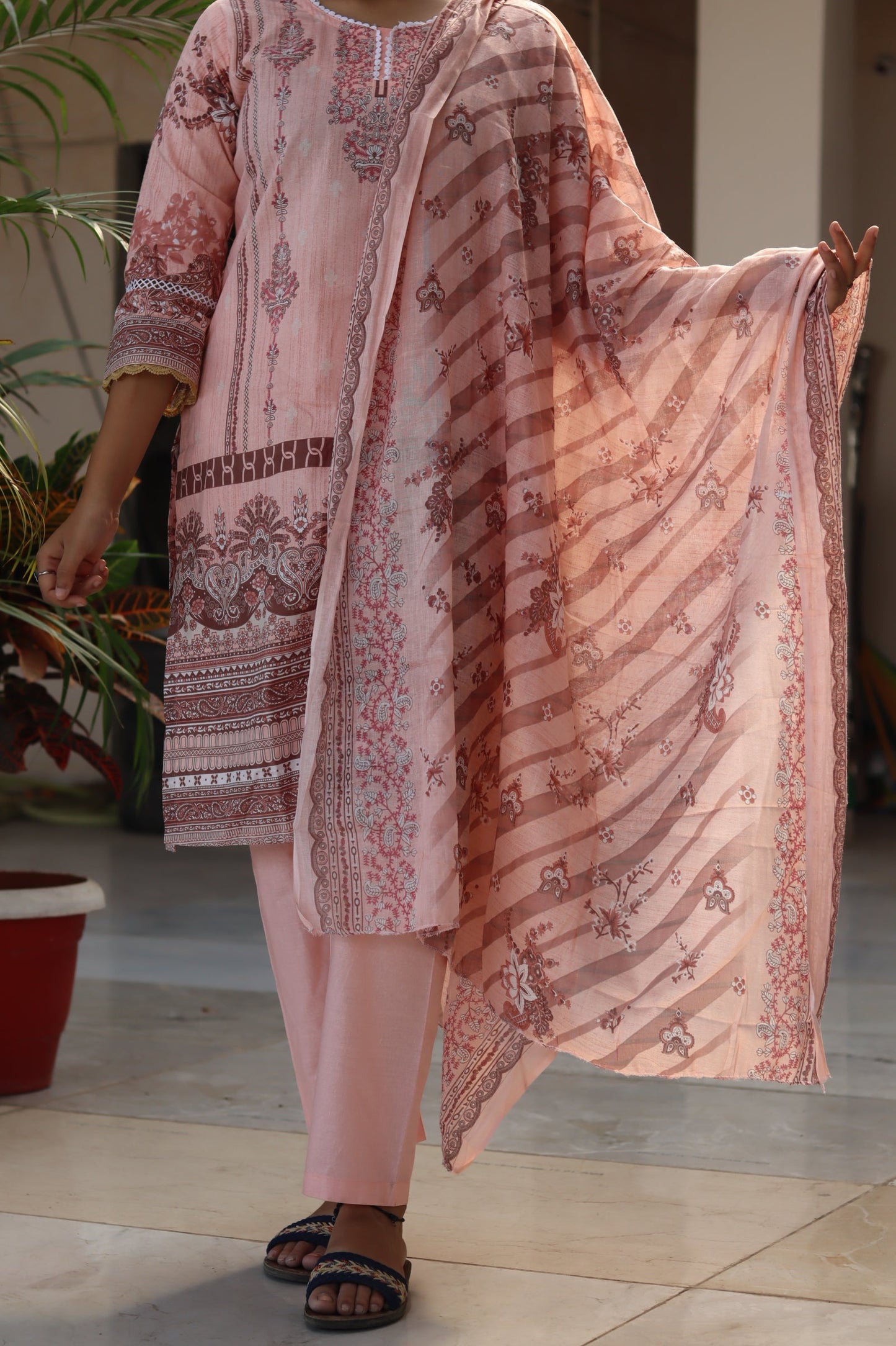 Cream  cotton kurti pant dupatta set