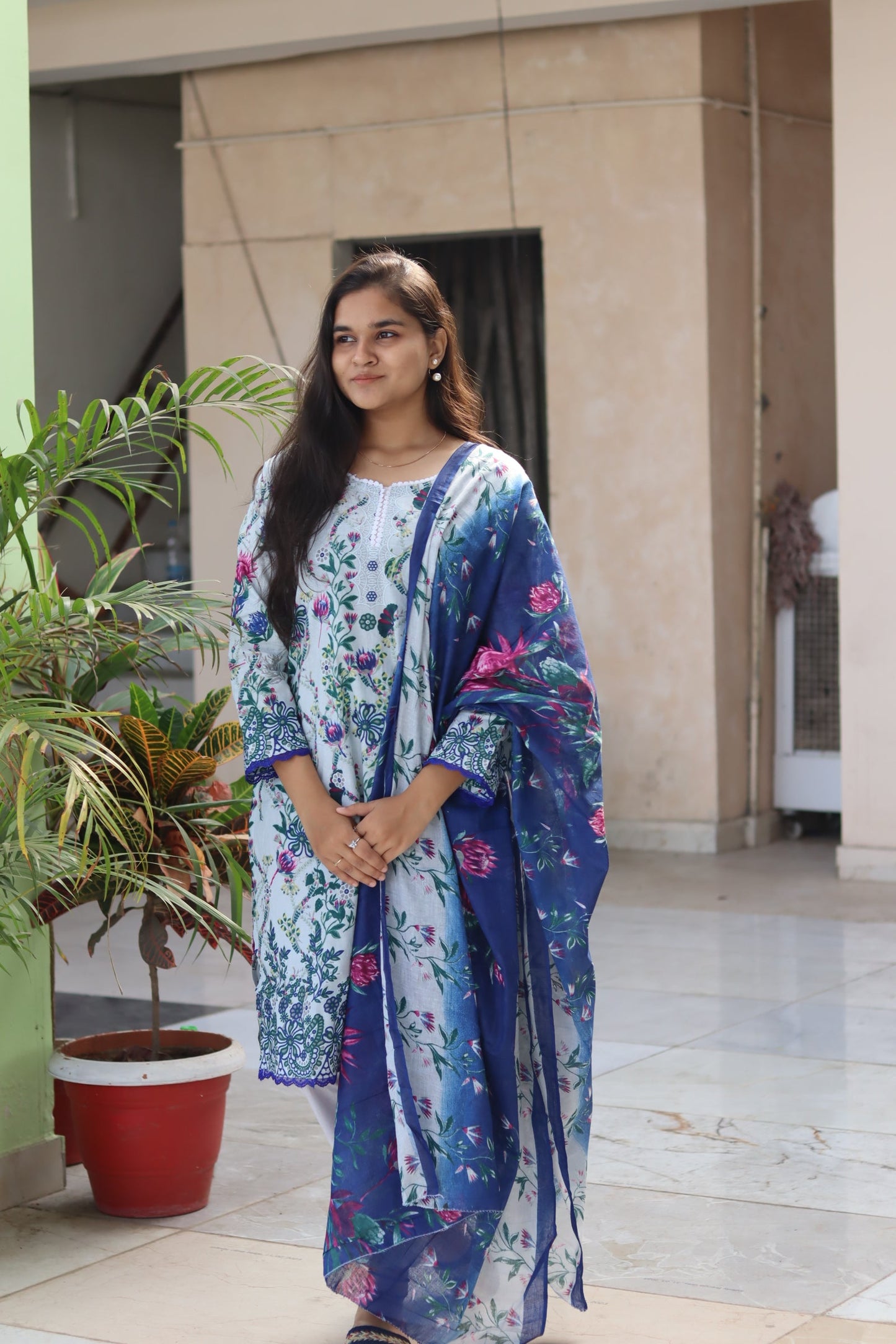 Gulnaar soft white Digital printed  cotton kurta pant dupatta set