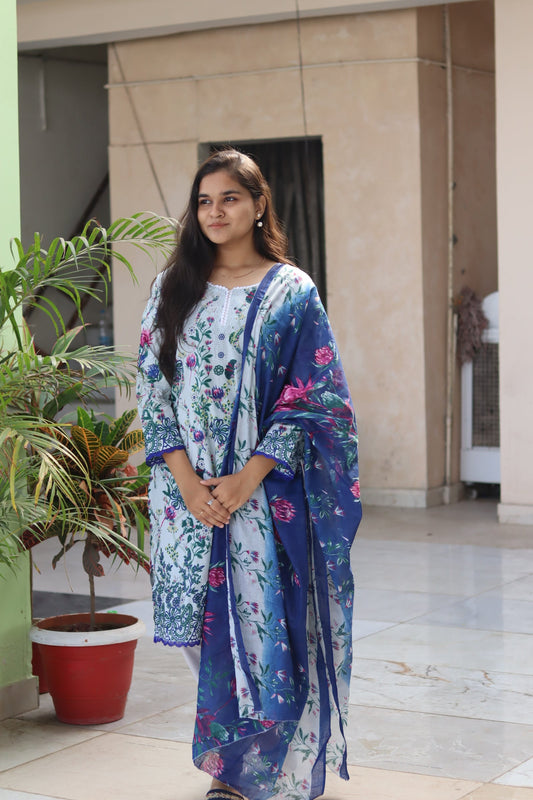 Gulnaar soft white Digital printed  cotton kurta pant dupatta set