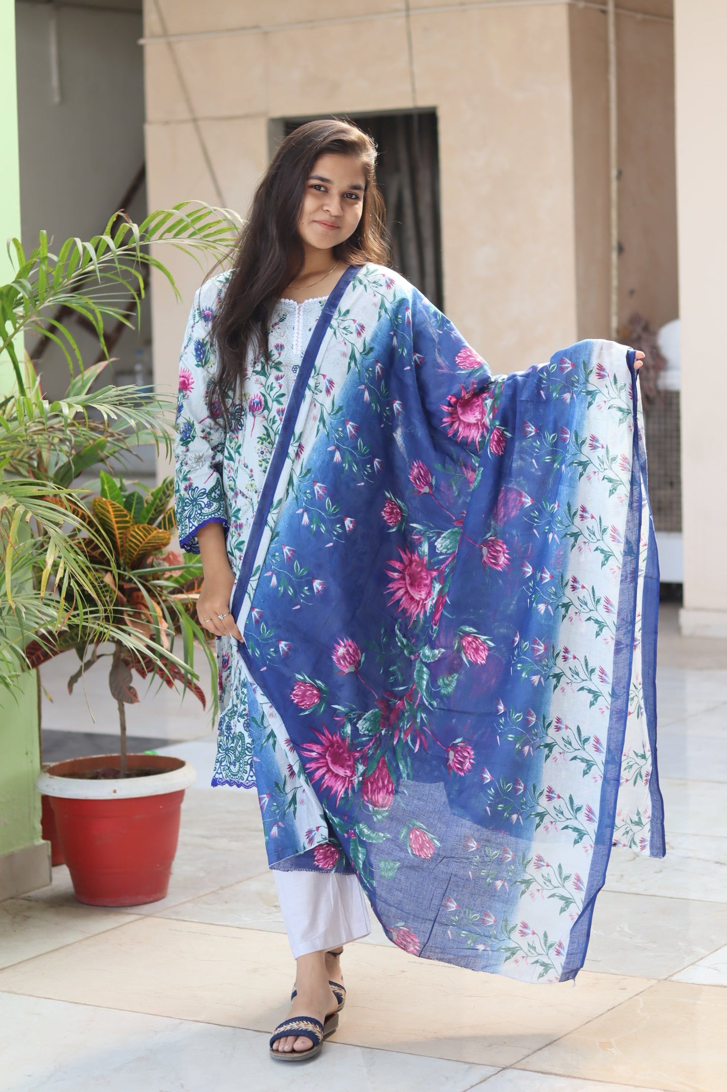 Gulnaar soft white Digital printed  cotton kurta pant dupatta set