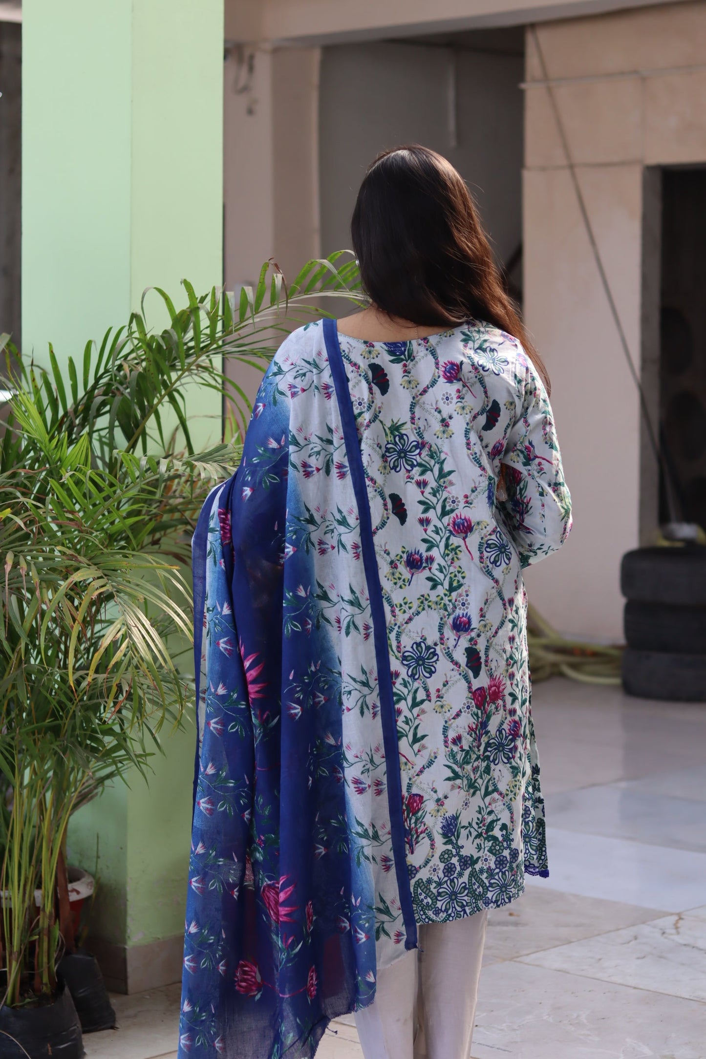 Gulnaar soft white Digital printed  cotton kurta pant dupatta set