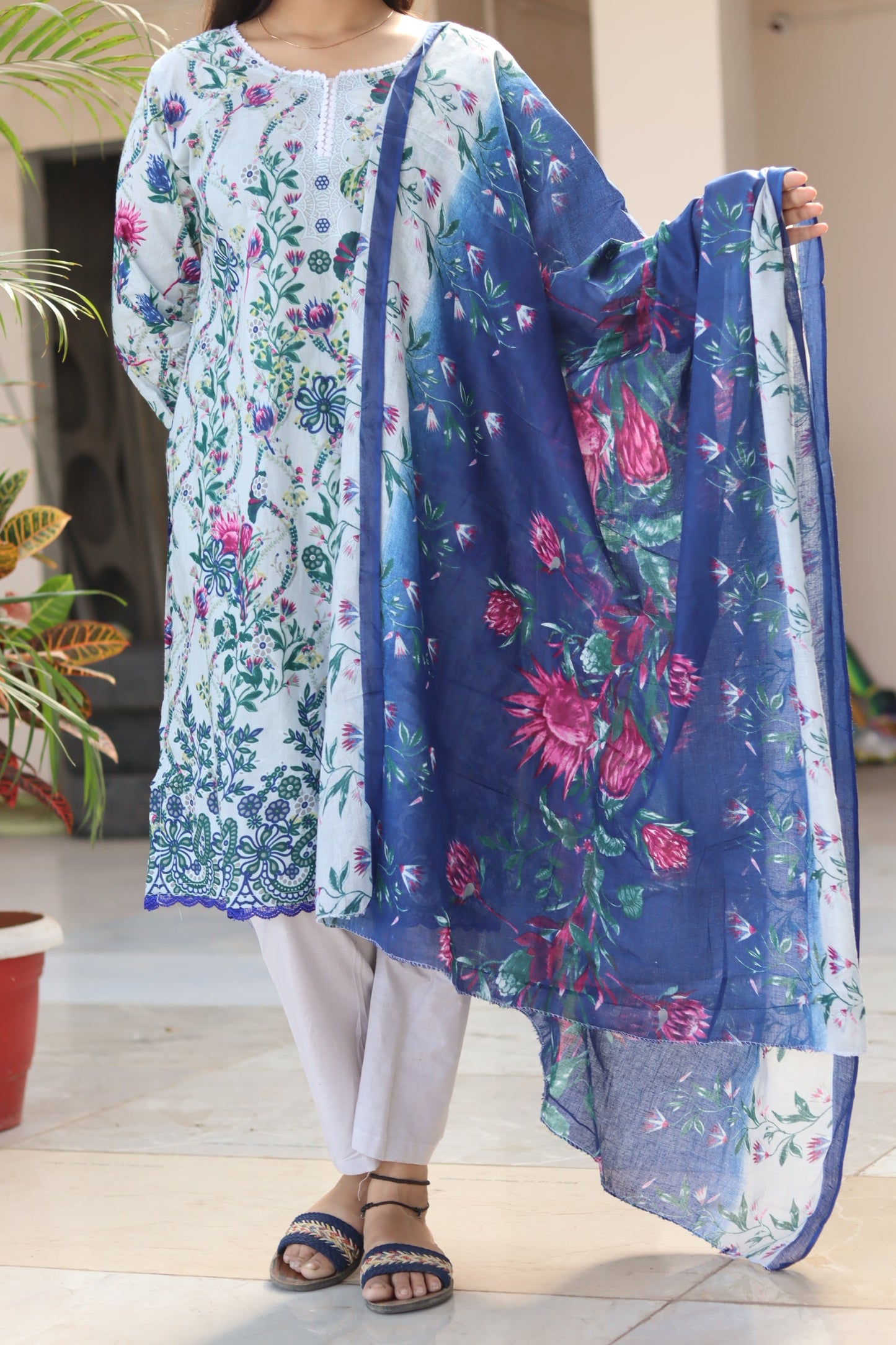 Gulnaar soft white Digital printed  cotton kurta pant dupatta set