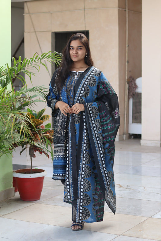 Noor Midnight Bloom Digital printed  cotton kurta pant dupatta set