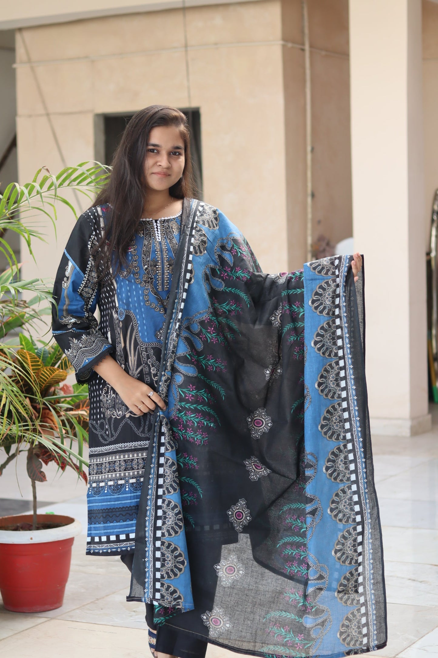 Noor Midnight Bloom Digital printed  cotton kurta pant dupatta set