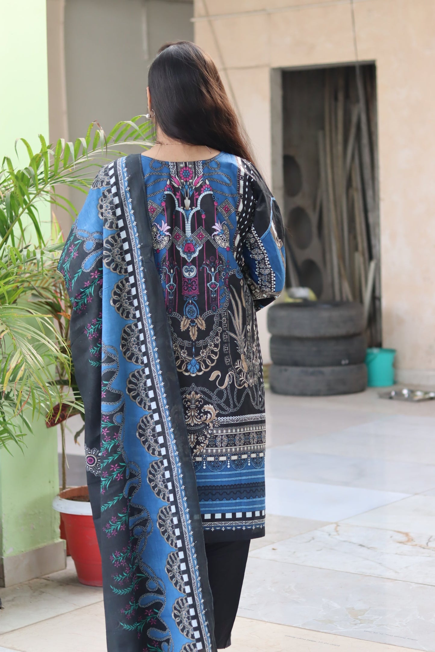 Noor Midnight Bloom Digital printed  cotton kurta pant dupatta set
