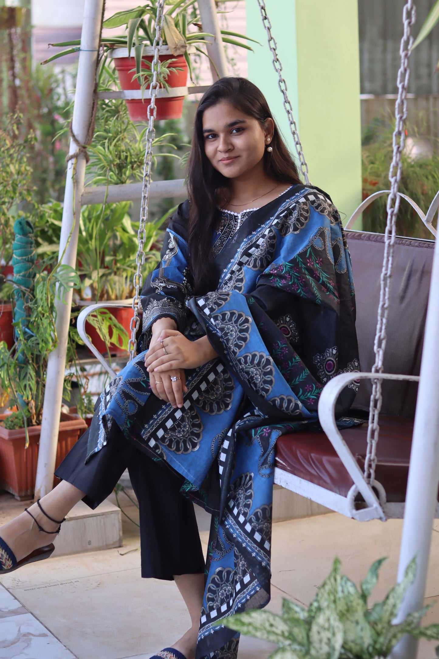 Noor Midnight Bloom Digital printed  cotton kurta pant dupatta set