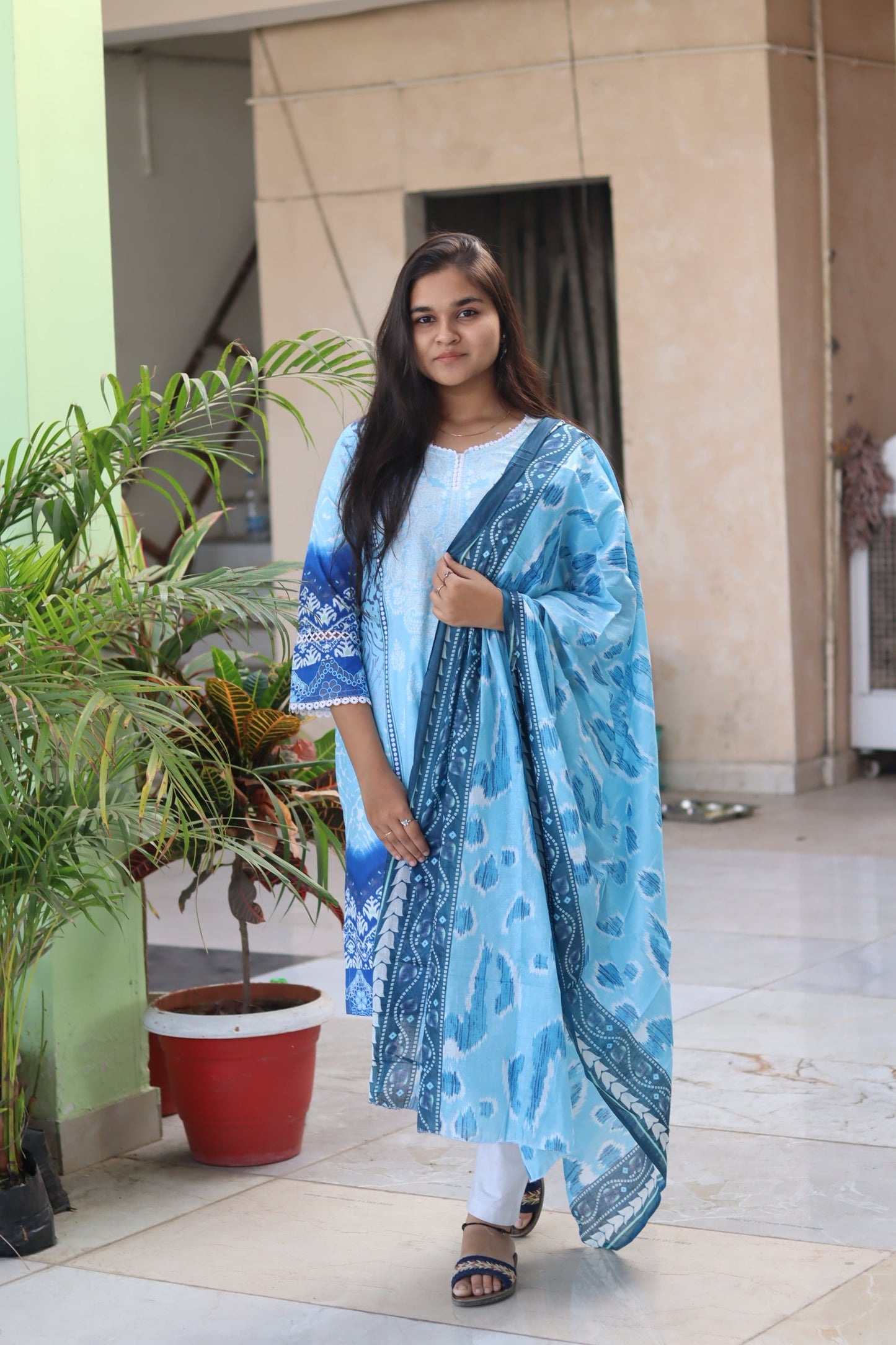 Sky blue Digital printed cotton kurti pant dupatta set