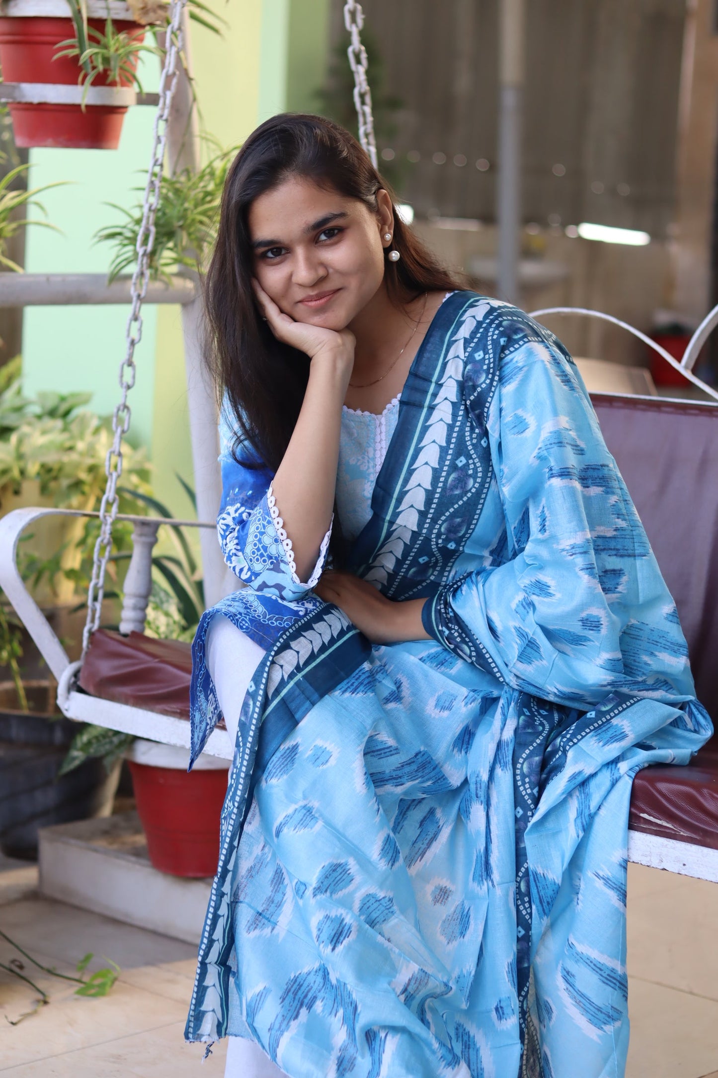 Sky blue Digital printed cotton kurti pant dupatta set