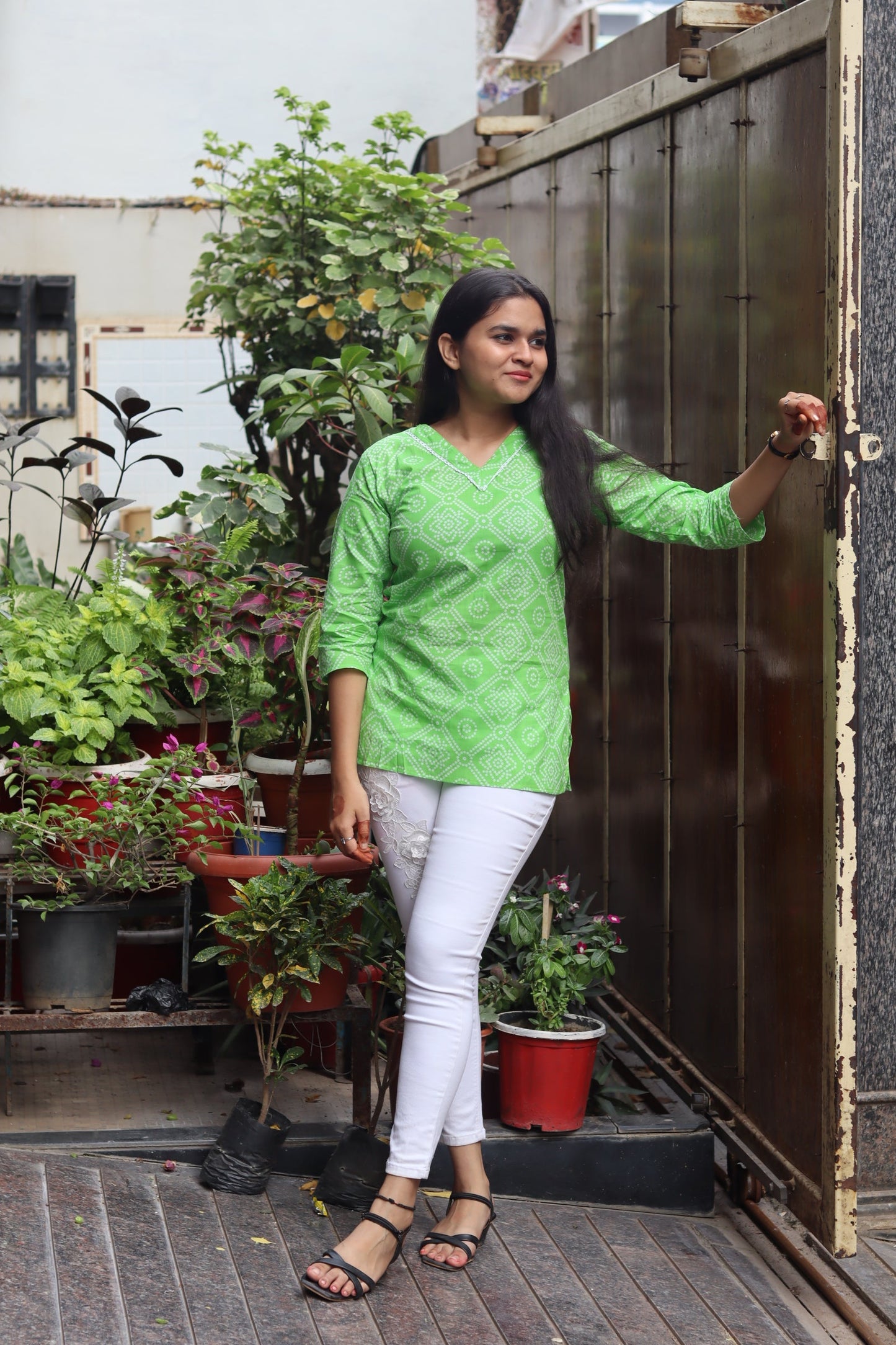 Green bandhani print pure cotton jaipuri top for women