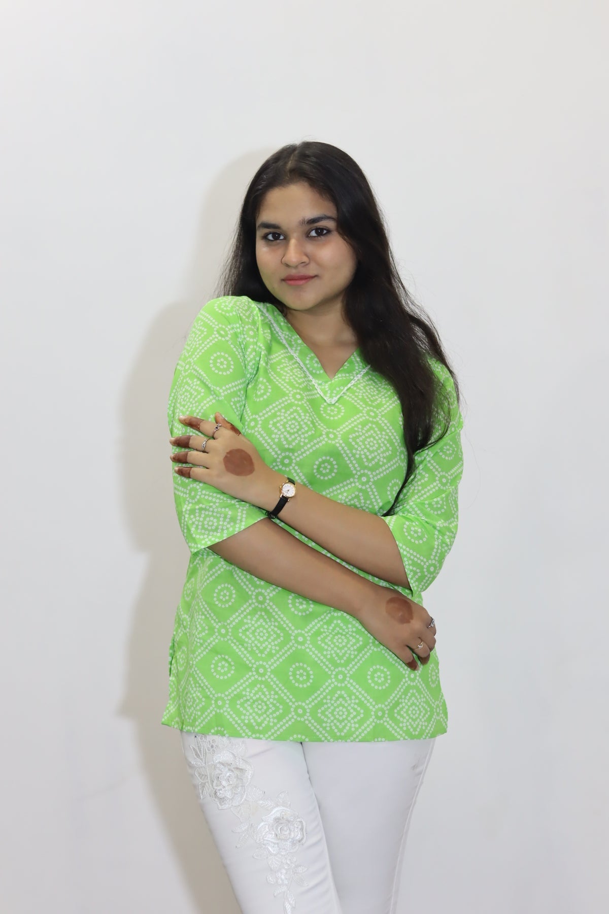 Green bandhani print pure cotton jaipuri top for women