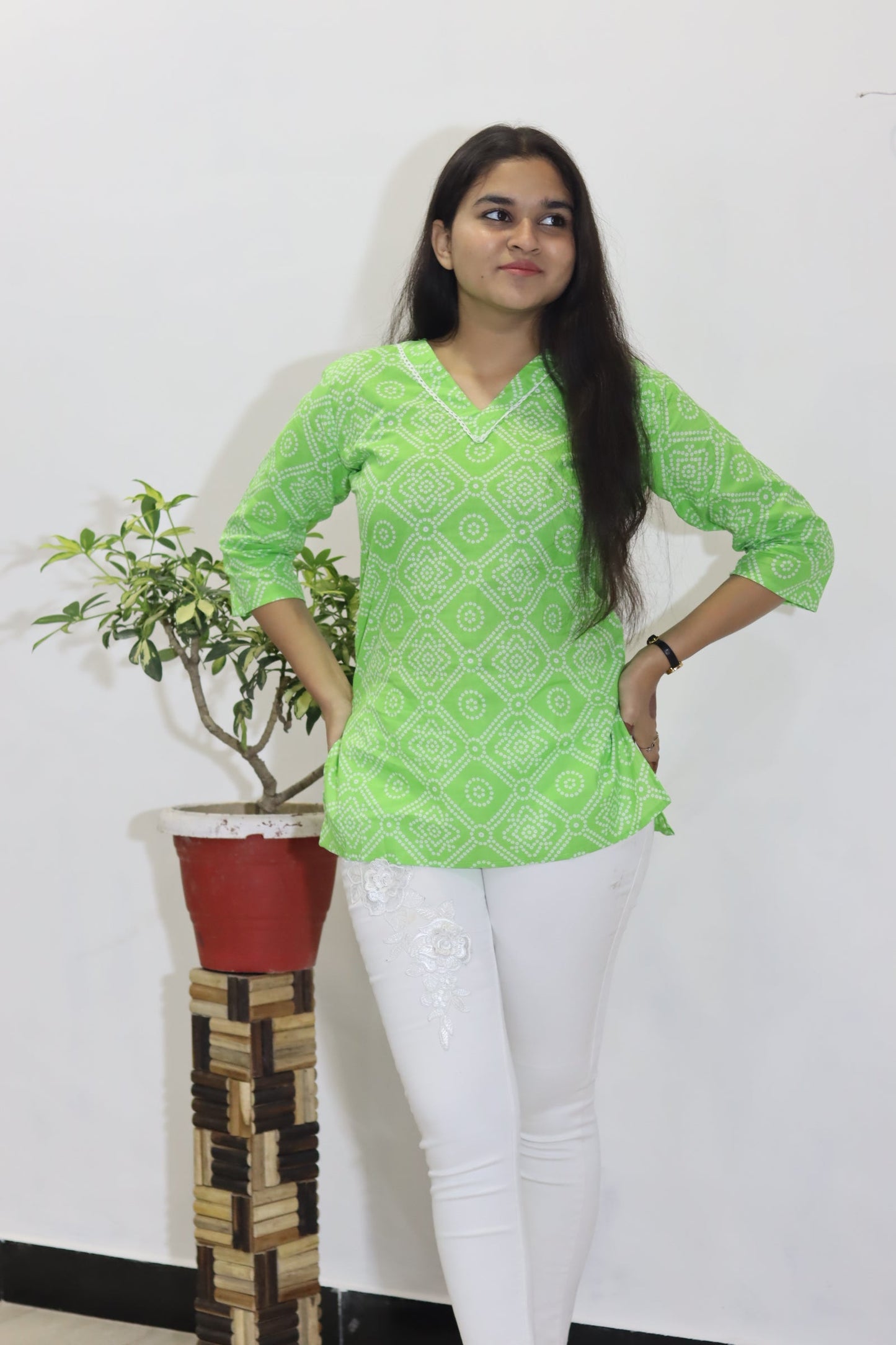 Green bandhani print pure cotton jaipuri top for women