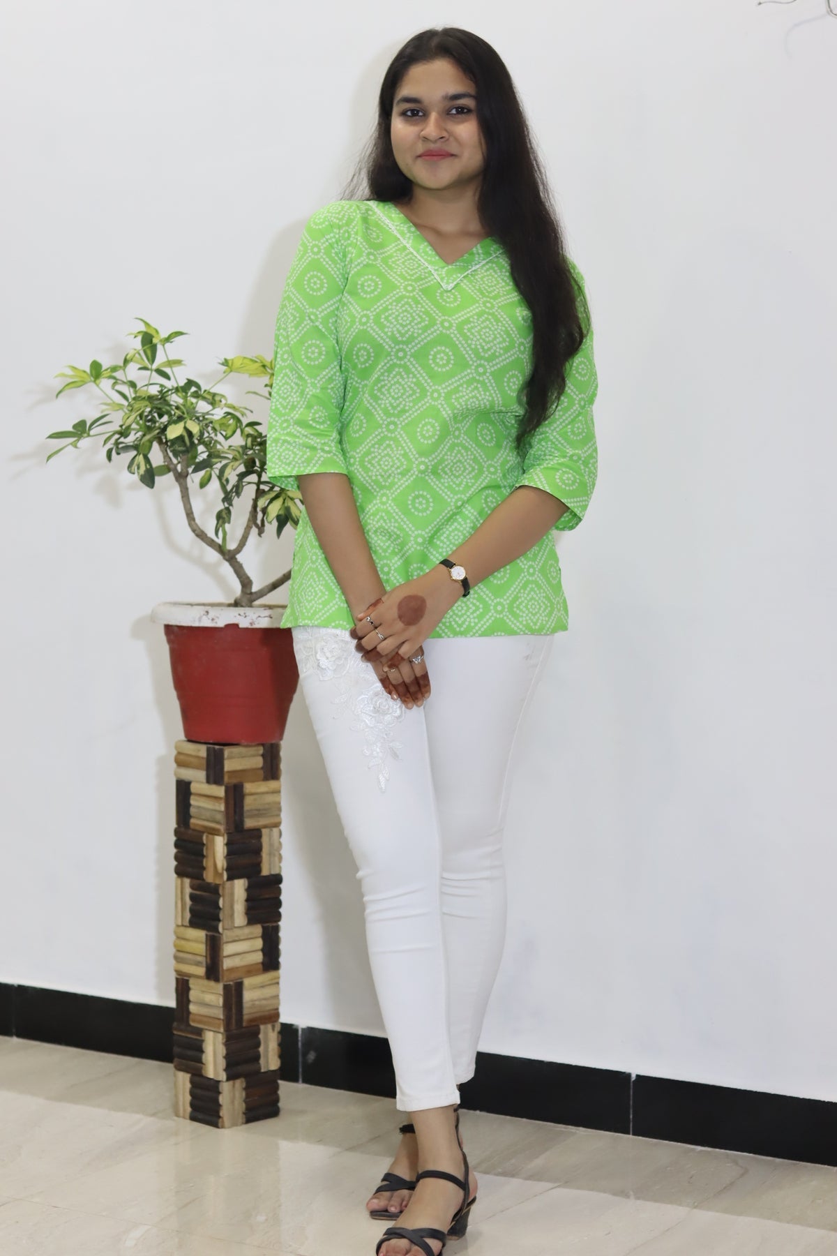 Green bandhani print pure cotton jaipuri top for women