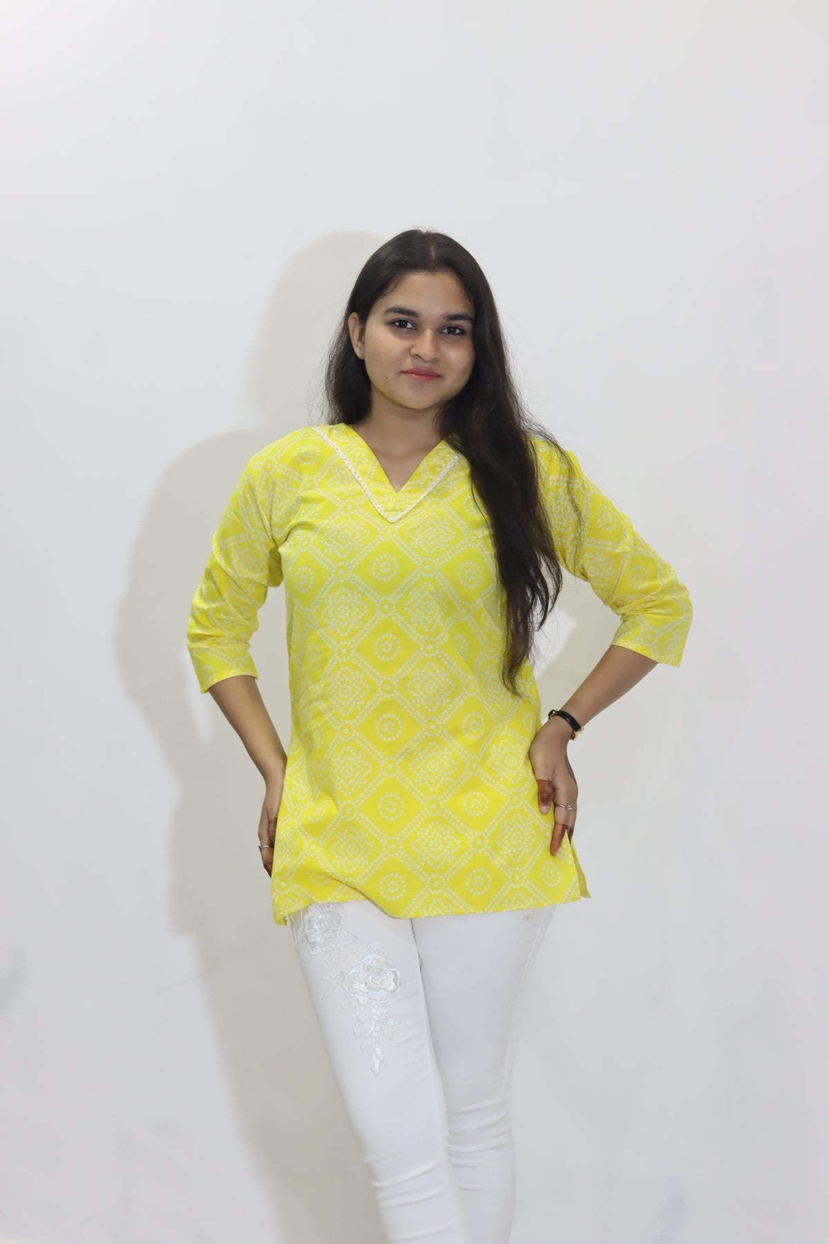 Yellow bandhani cotton jaipuri top for women
