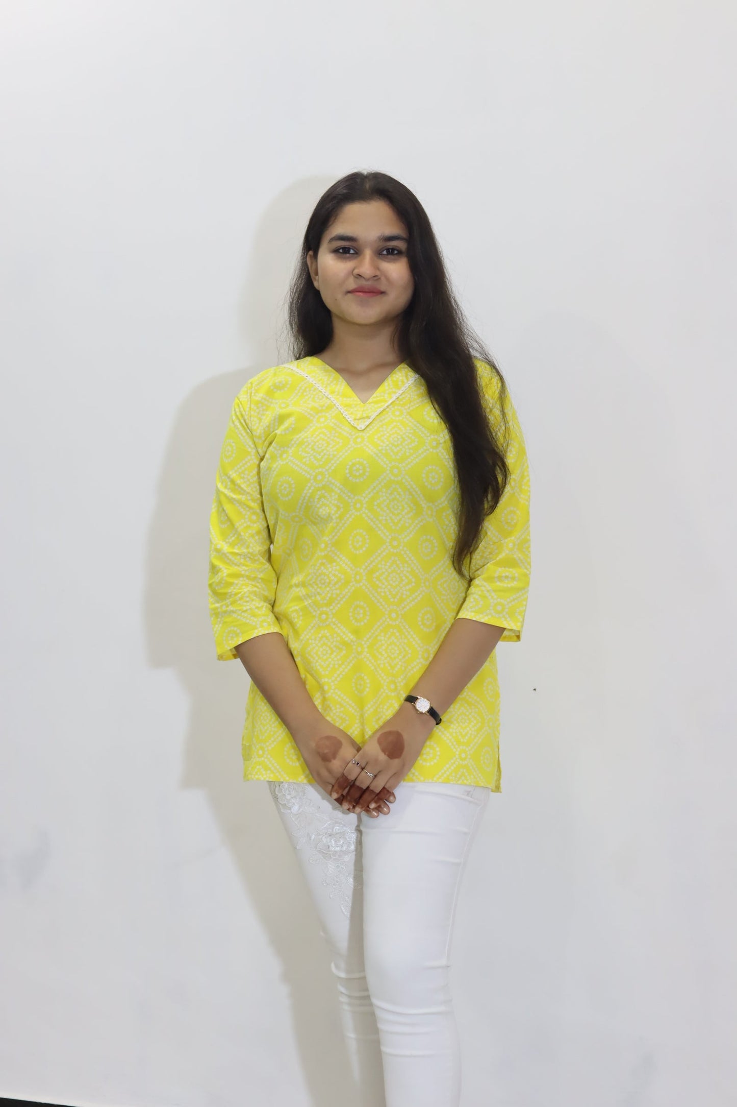 Yellow bandhani cotton jaipuri top for women