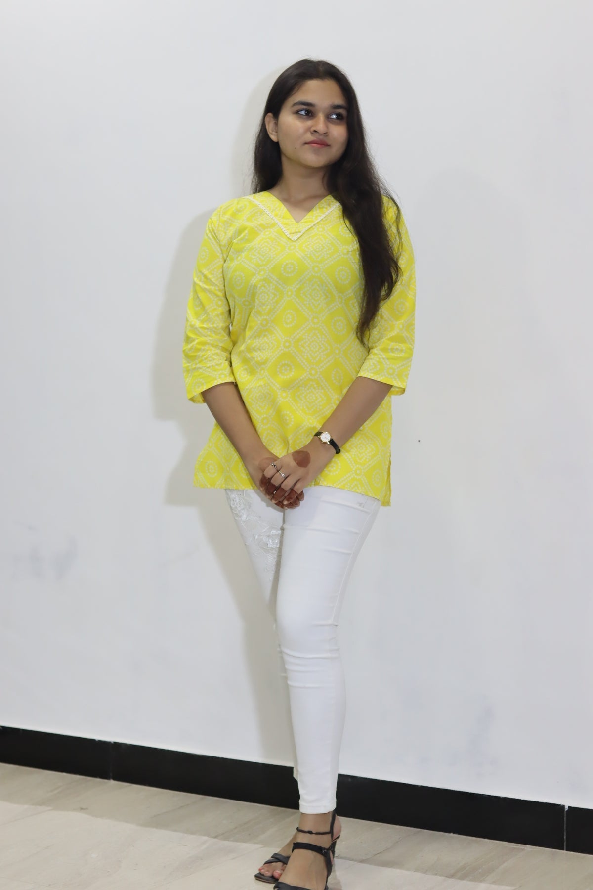 Yellow bandhani cotton jaipuri top for women