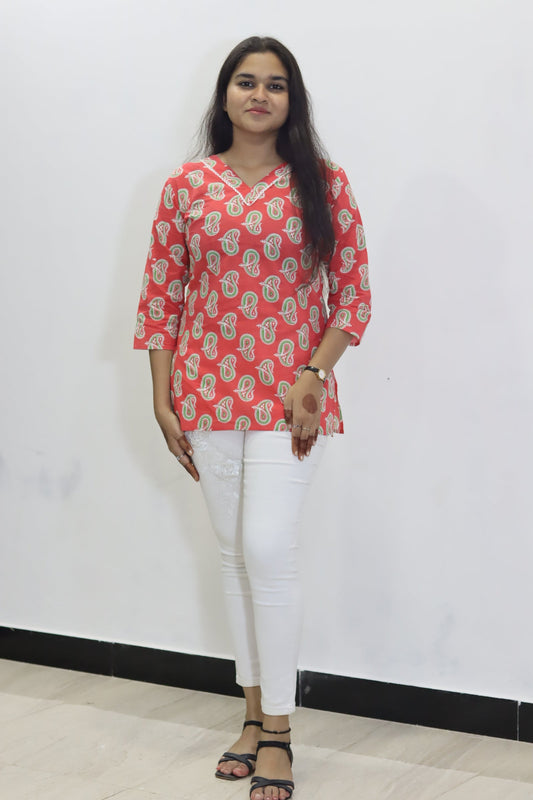 Red pure cotton jaipuri top for women