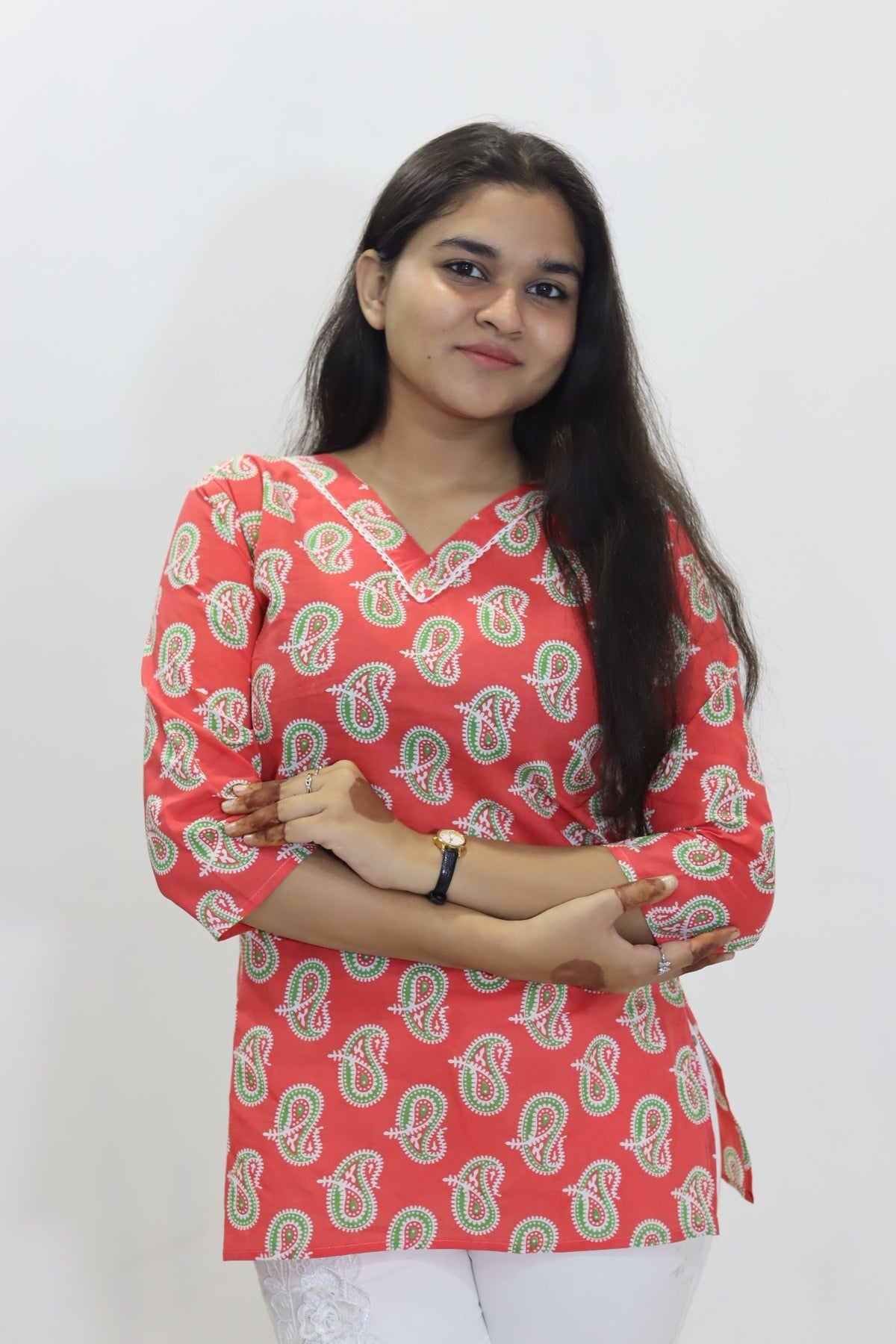 Red pure cotton jaipuri top for women