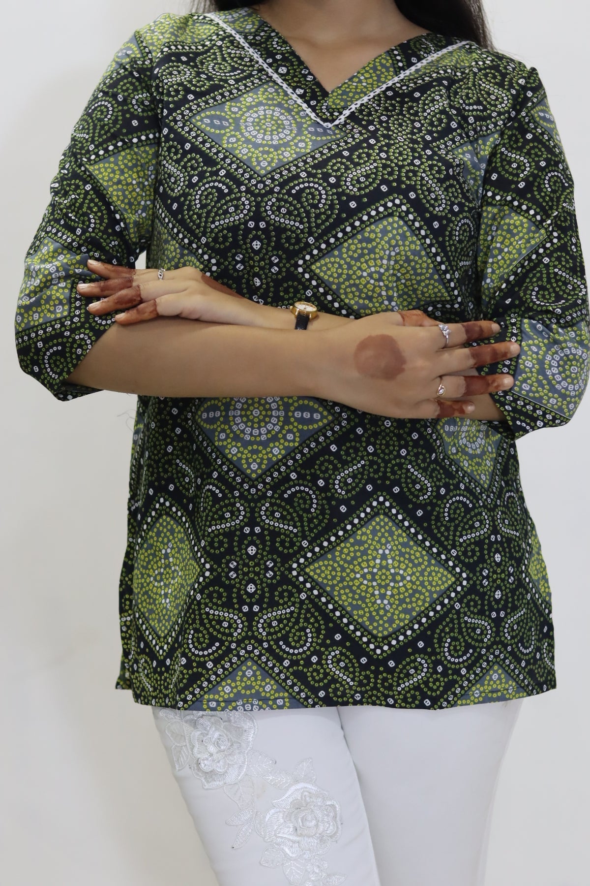 Black bandhani print pure Jaipuri cotton top for women