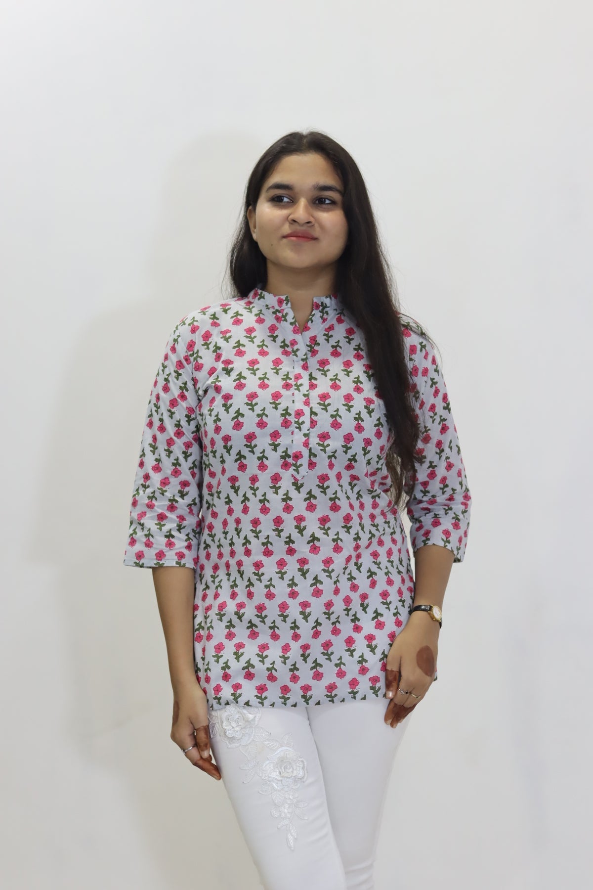 Grey block print cotton jaipuri top for women