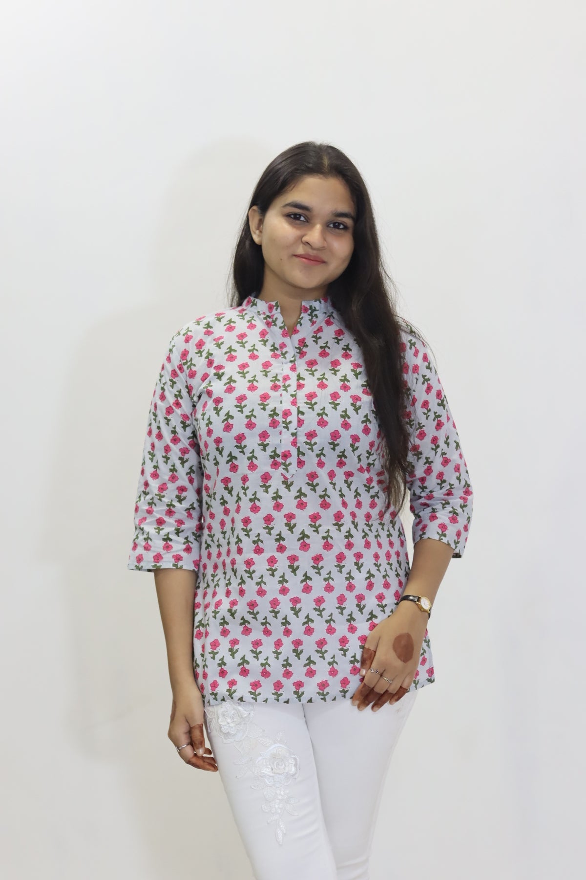Grey block print cotton jaipuri top for women