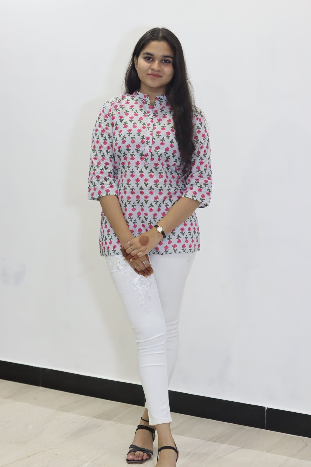 Grey block print cotton jaipuri top for women