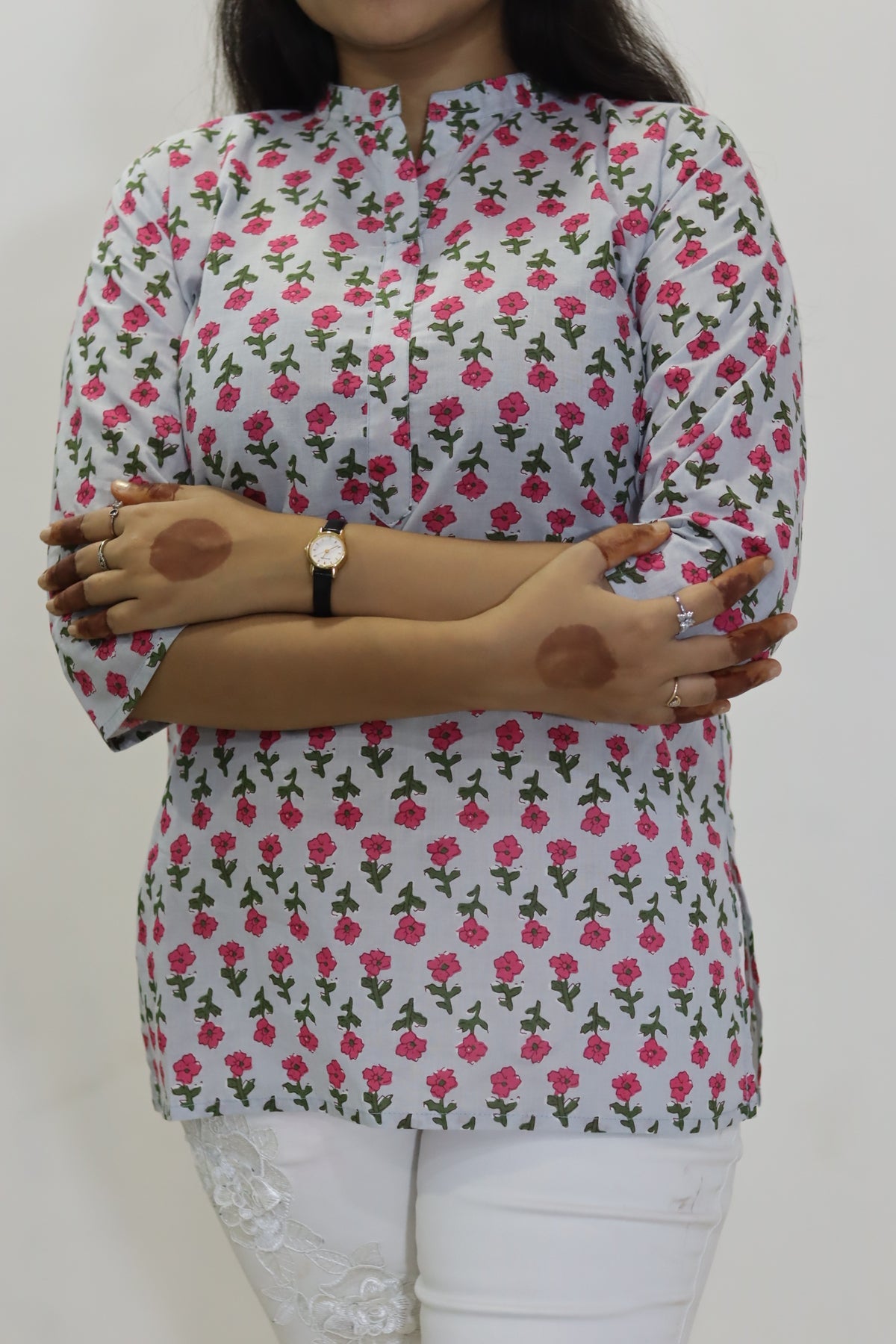 Grey block print cotton jaipuri top for women