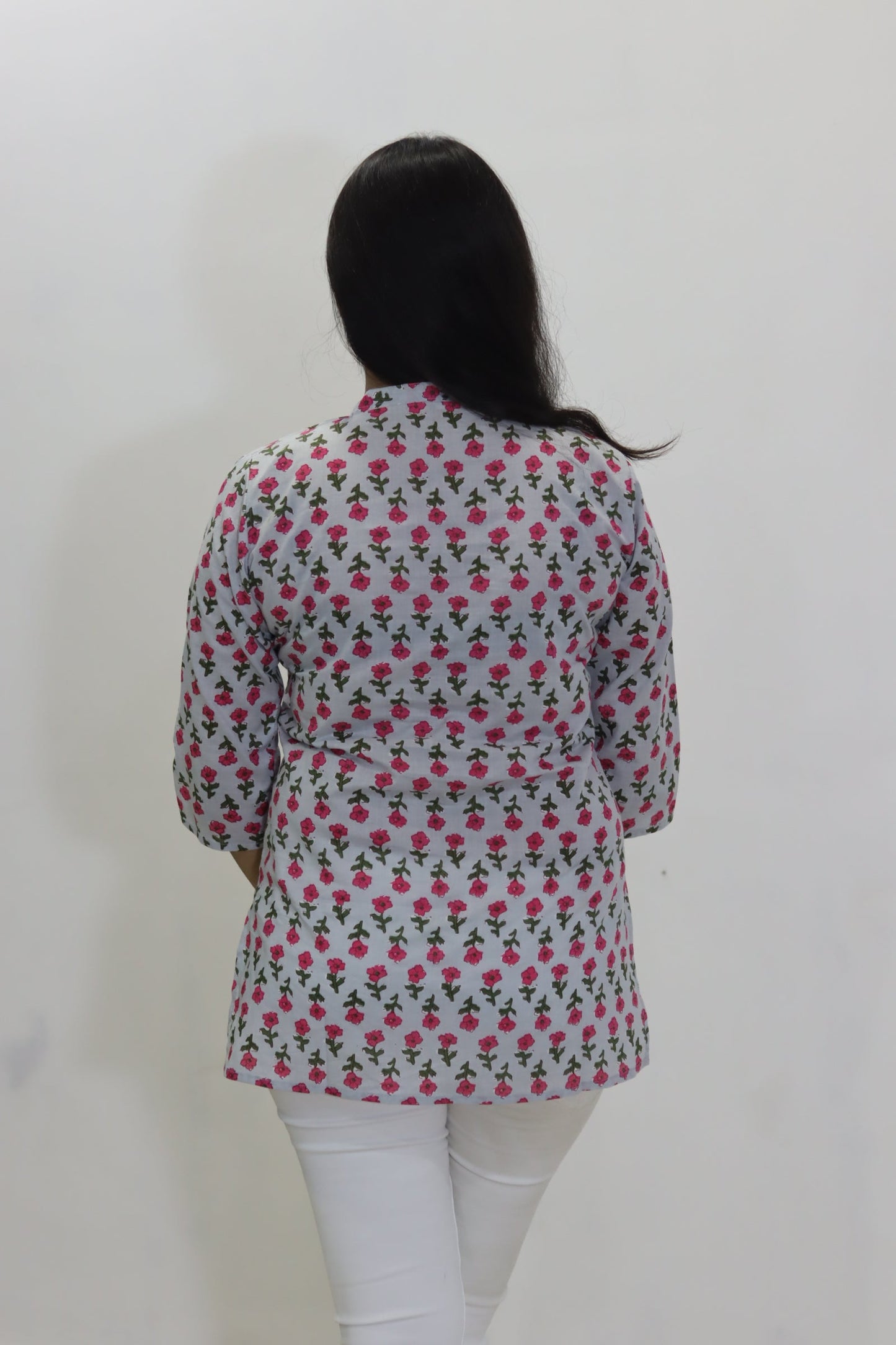 Grey block print cotton jaipuri top for women