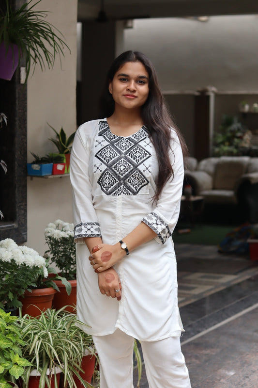 White Rayon Cotton Embroidered Co-Ord Set