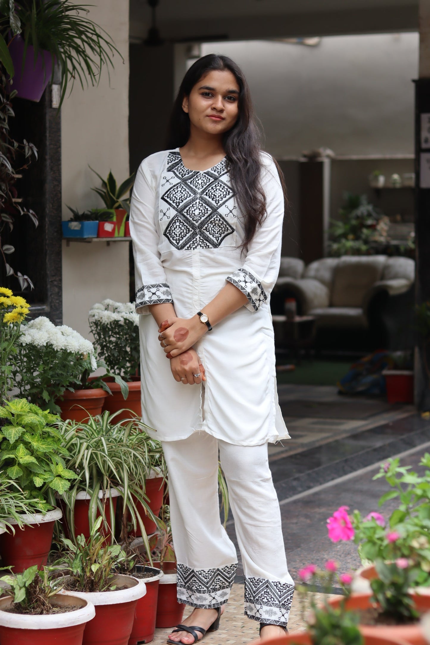 White Rayon Cotton Embroidered Co-Ord Set